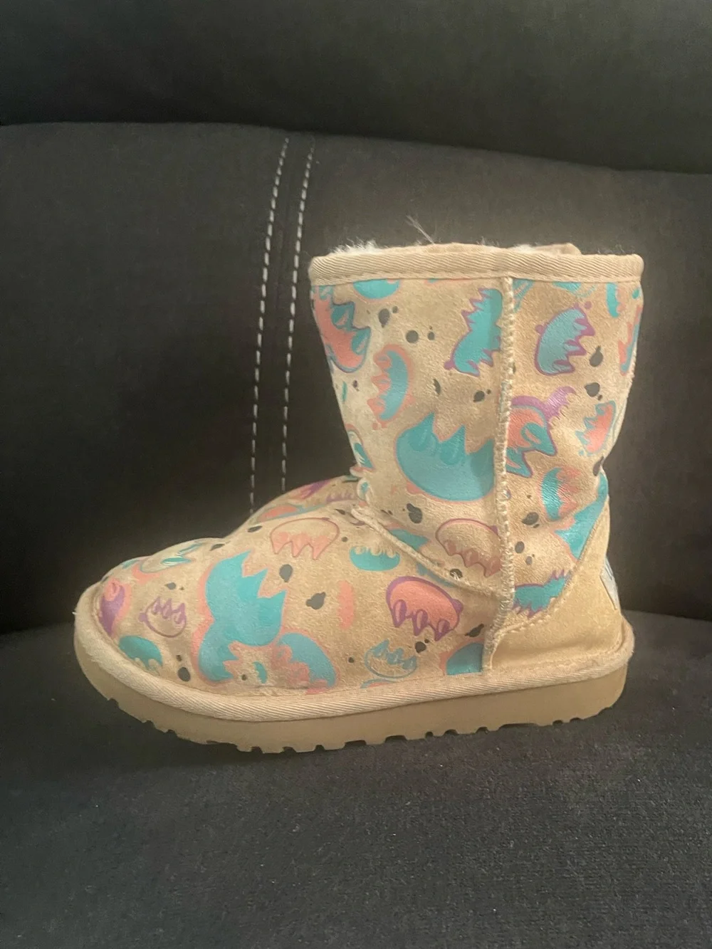 UGG Kids Tan Boots with Teal and Pink Pattern